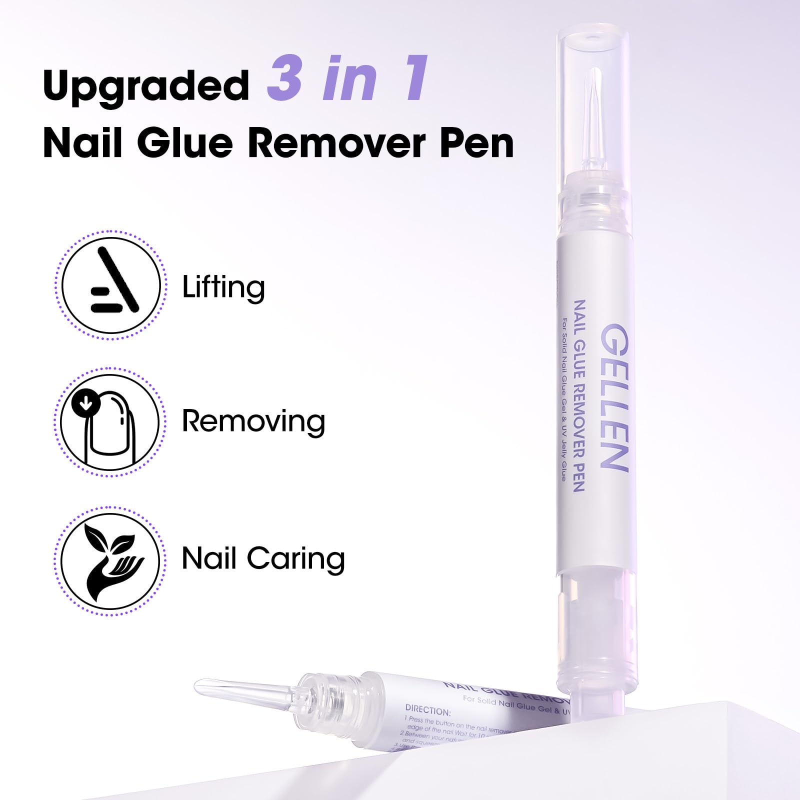 GELLEN nail glue remover pen shows acetone-free, gentle removal.