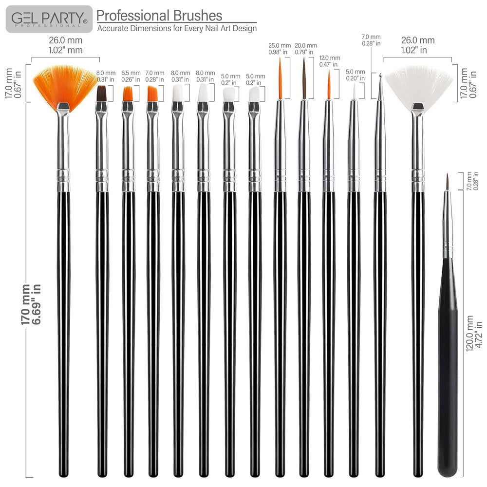 GEL PARTY 32-piece brush set close-up highlighting fine liners and fans for detail work.