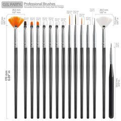 GEL PARTY 32-piece brush set close-up highlighting fine liners and fans for detail work.