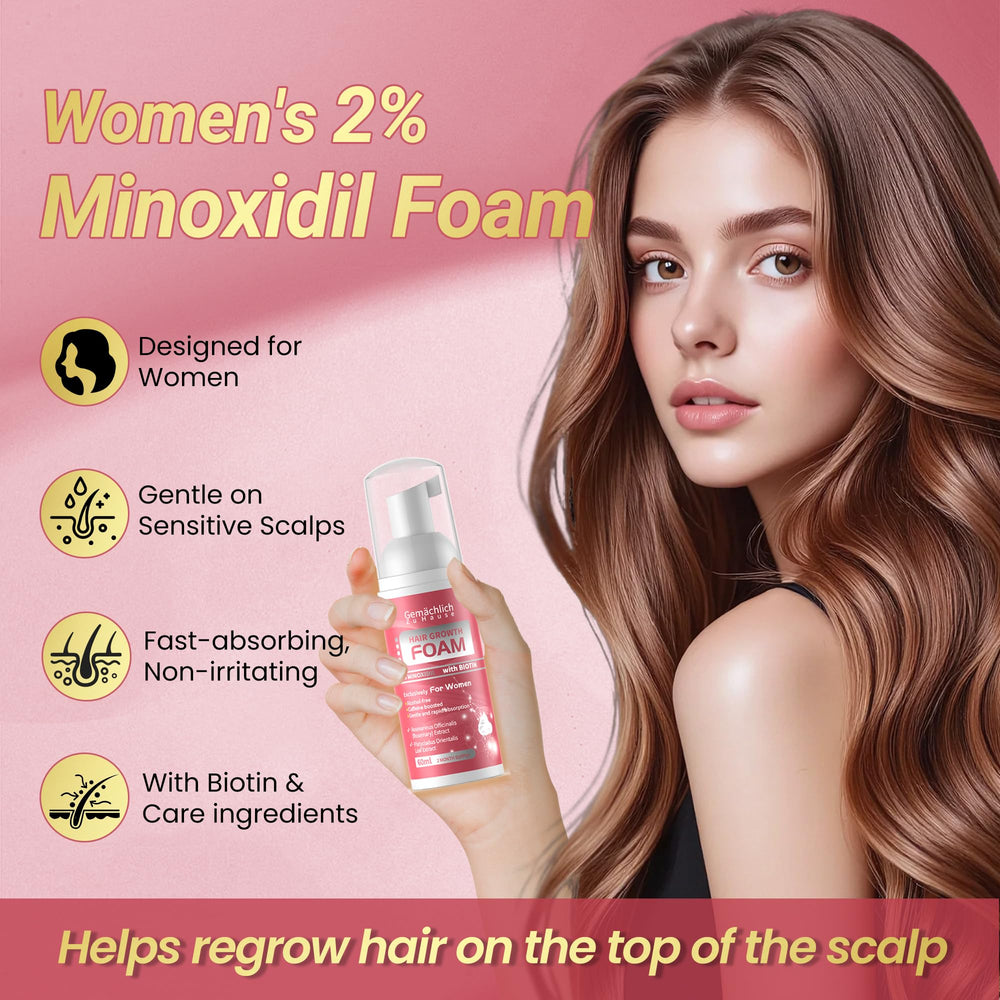 Gemächlich Zu Hause Minoxidil Foam dispense-foam captures quick-drying, non-greasy application.
