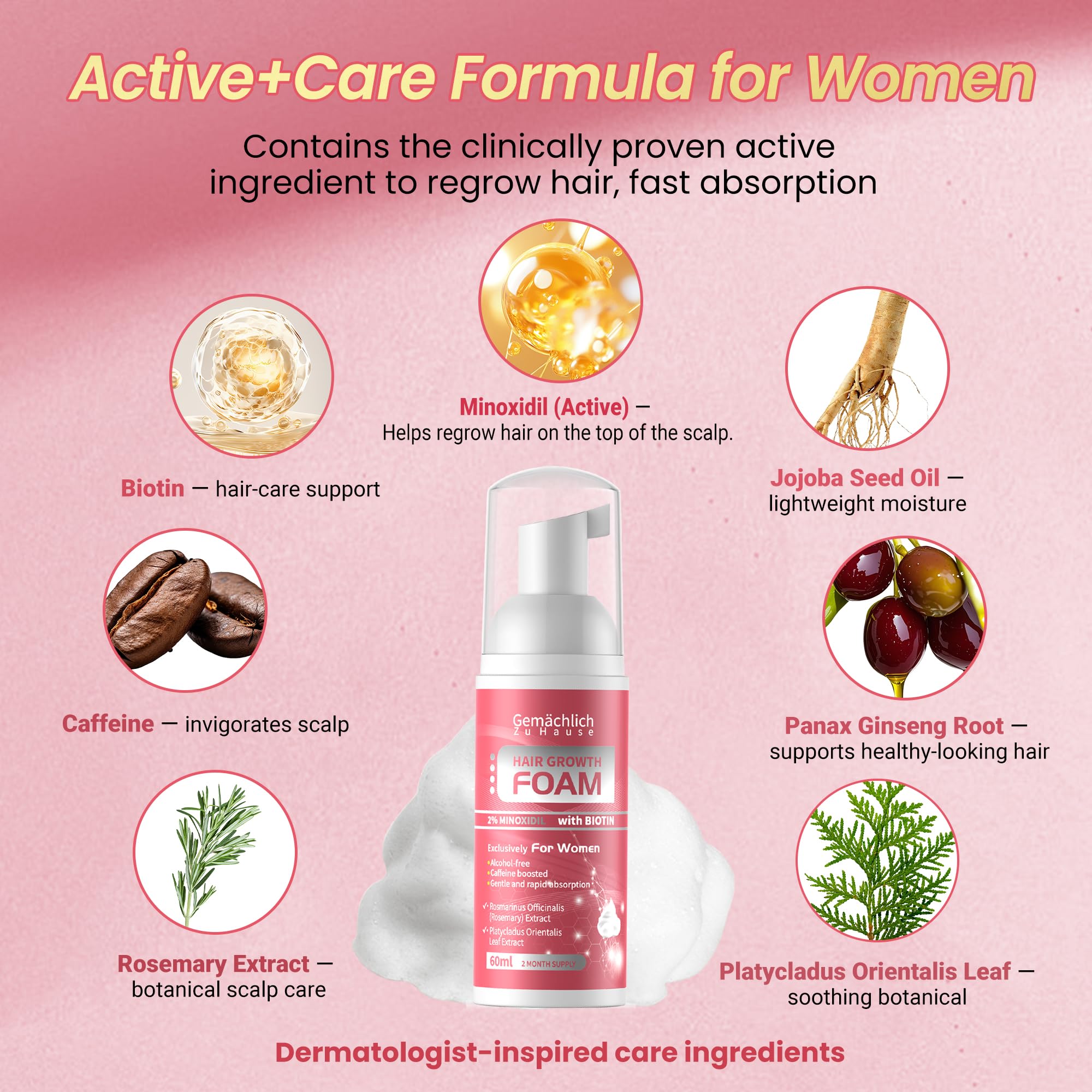 Gemächlich Zu Hause Minoxidil Foam on-scalp demonstrates easy daily use for busy mornings.