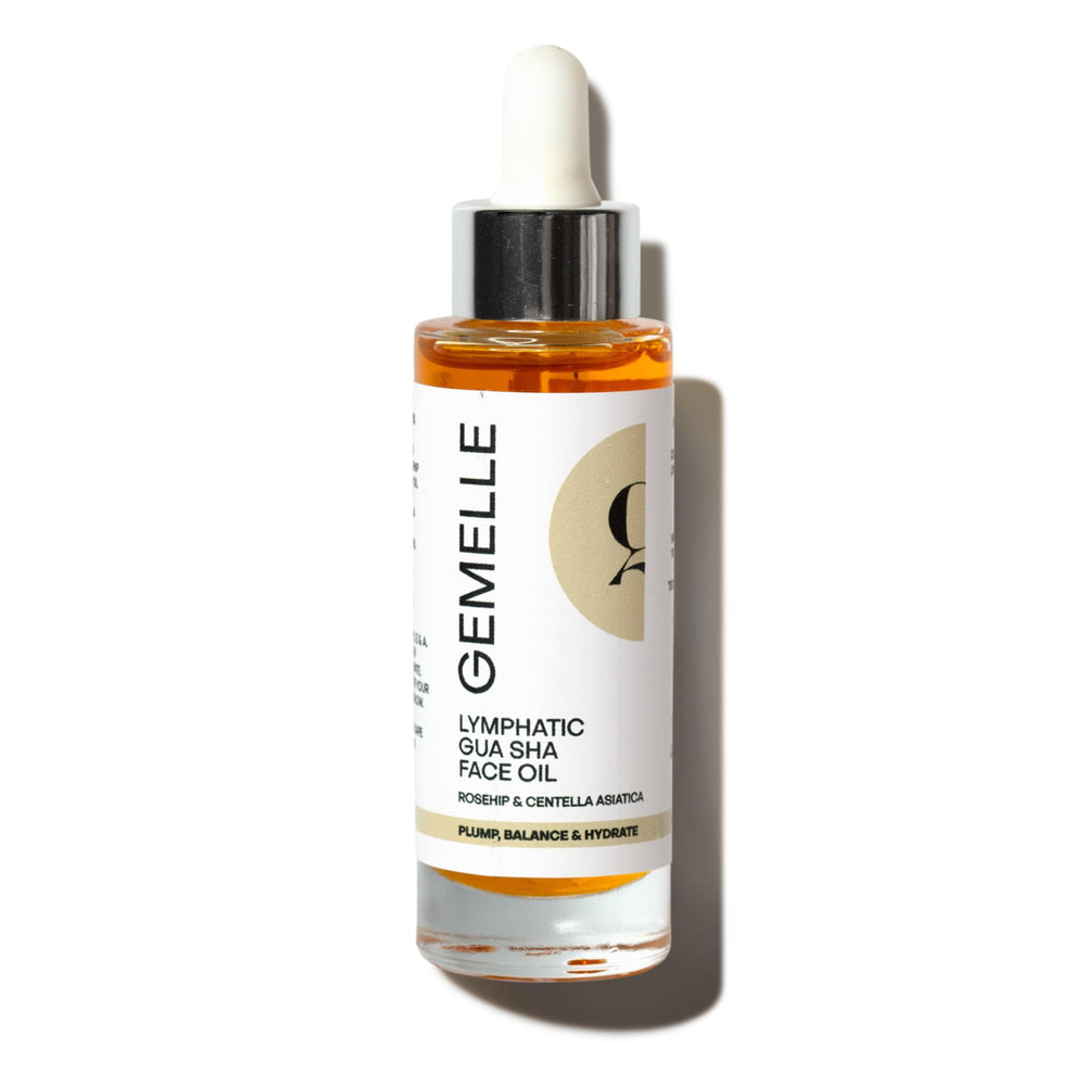 GEMELLE Lymphatic Gua Sha Face Oil bottle ready for hydration and glow.