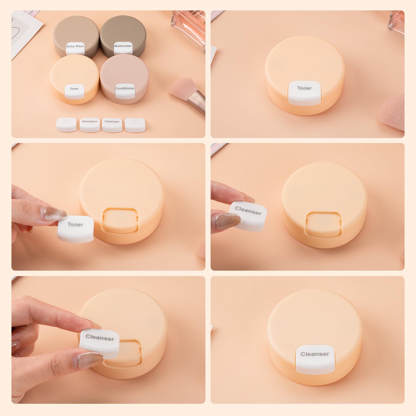 Gemice travel containers support lotions, creams, shampoo, powders, and condiments.