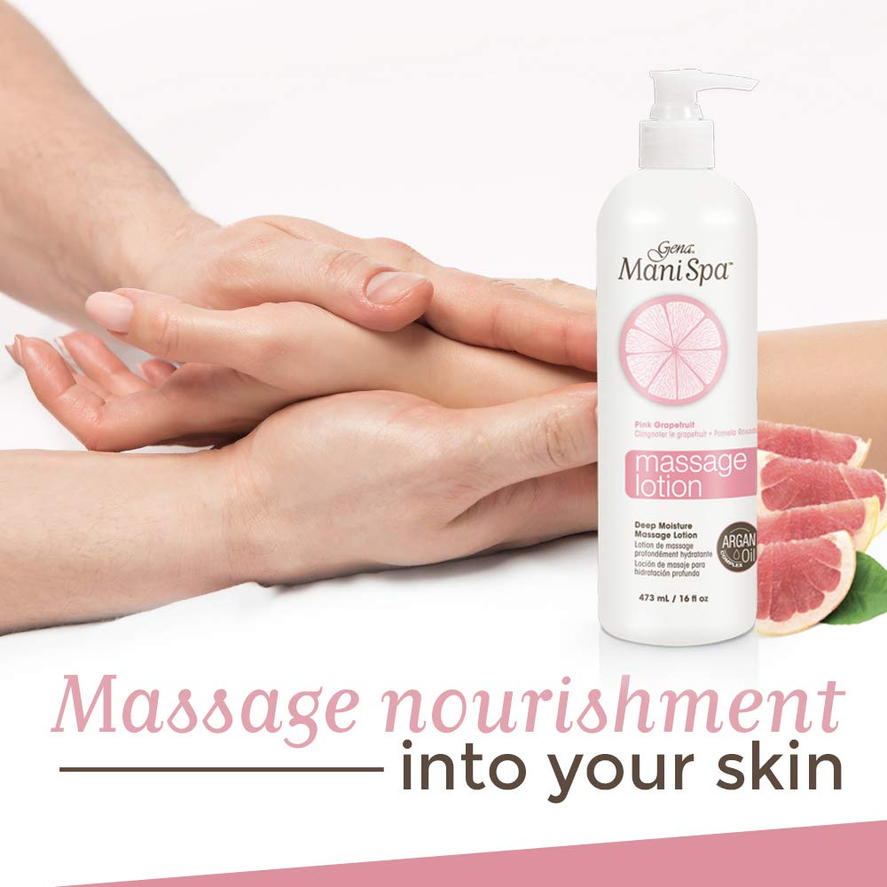 Gena Mani Spa Massage Lotion with Argan Oil Complex nourishes skin.