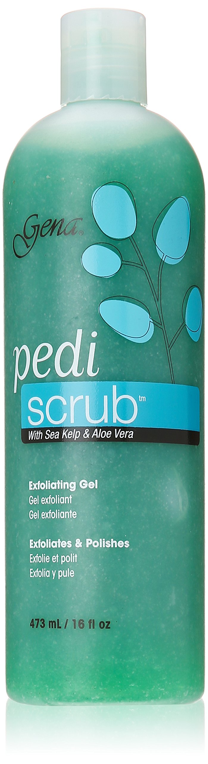 Gena Pedi Scrub Gel bottle on bathroom counter ready for at-home foot care routine