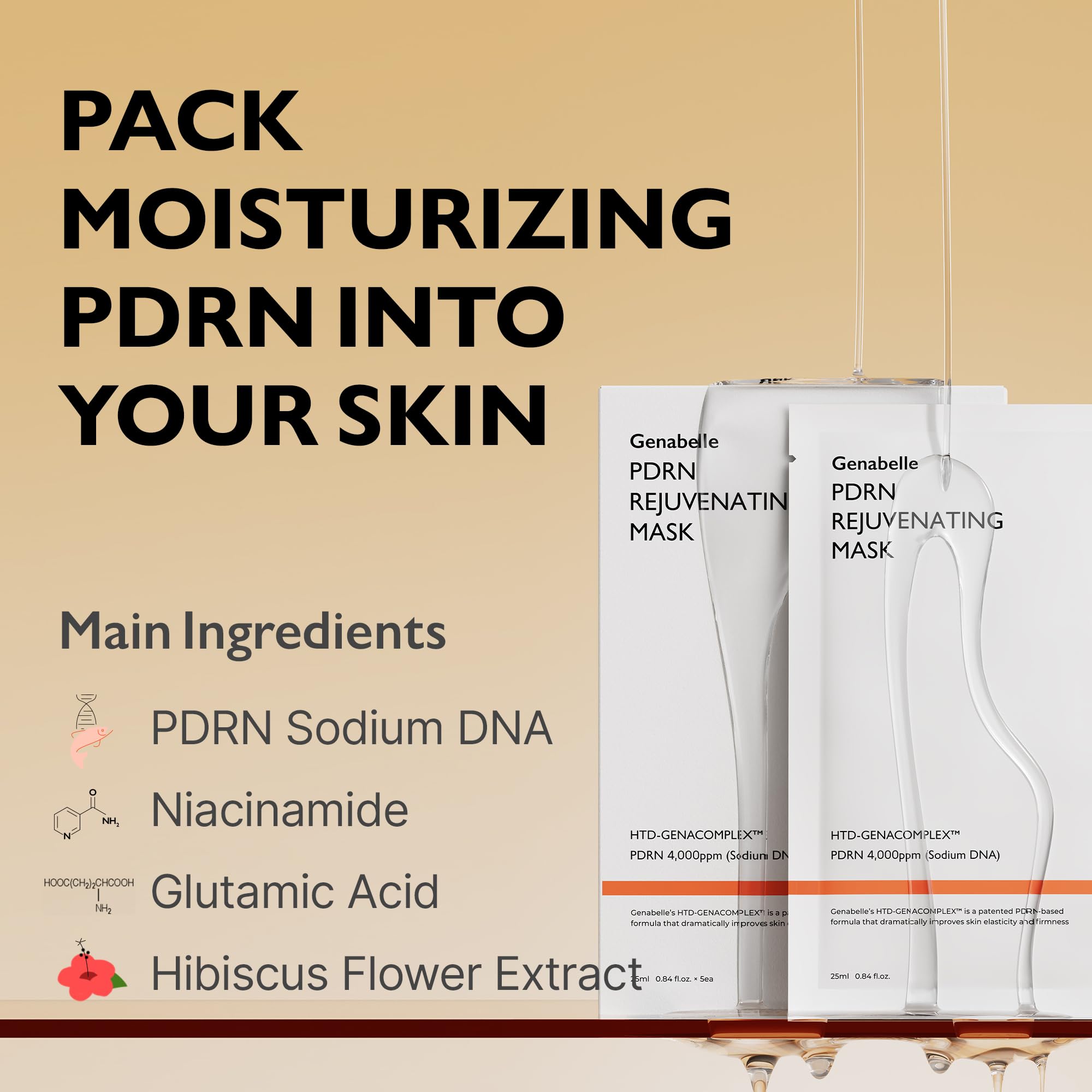 Genabelle PDRN Rejuvenating Mask Sheet salmon DNA complex graphic highlights firming potential.