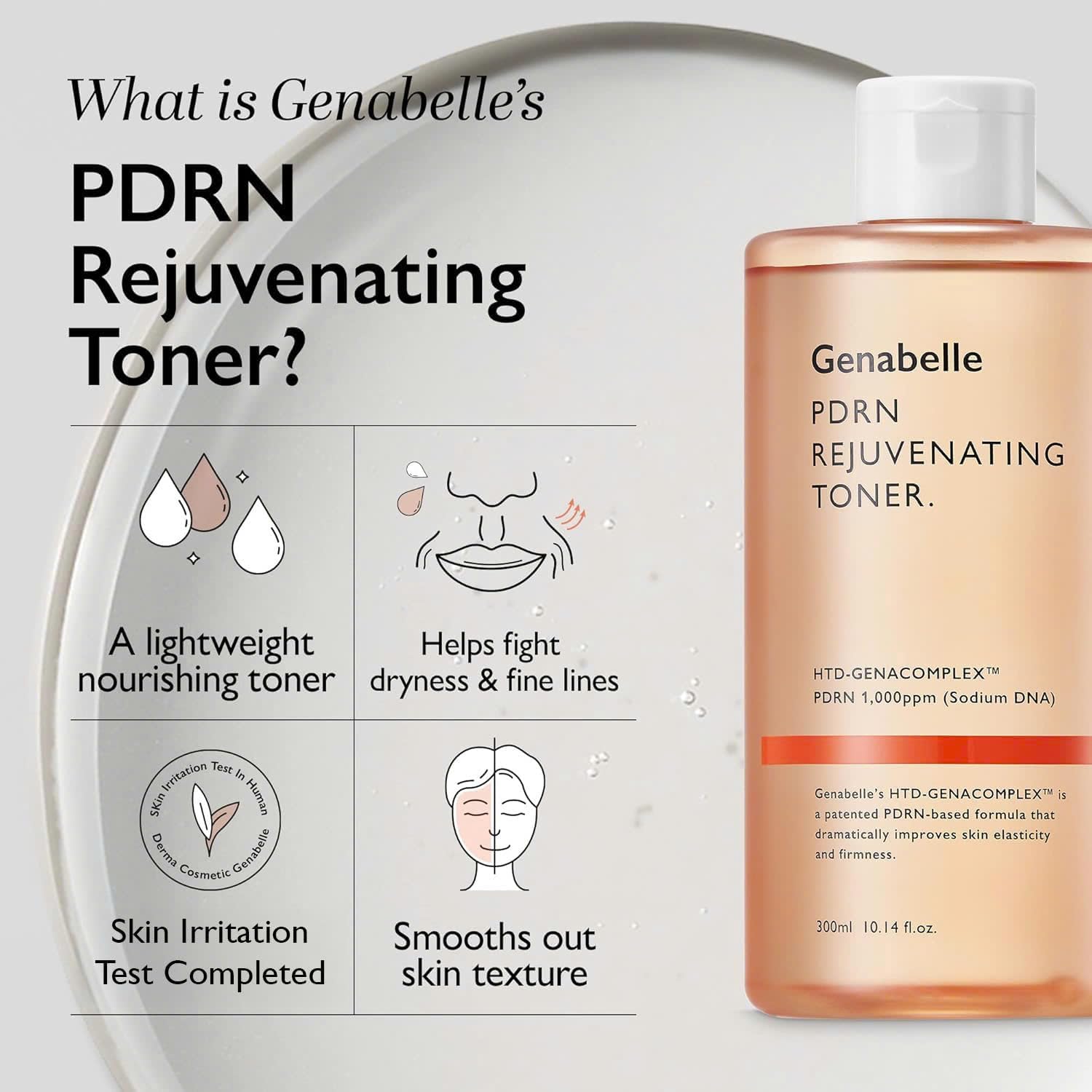 Genabelle PDRN Toner on a reflective surface showing glass-skin glow and refined pores.