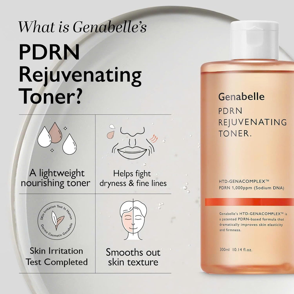 Genabelle PDRN Toner on a reflective surface showing glass-skin glow and refined pores.