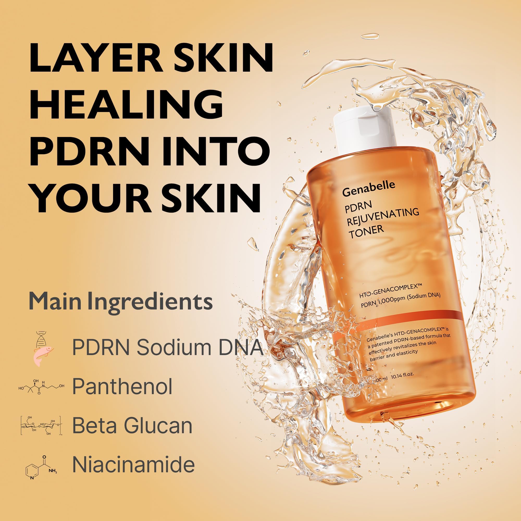 Genabelle PDRN Toner ingredient panel highlights panthenol for soothing hydration.