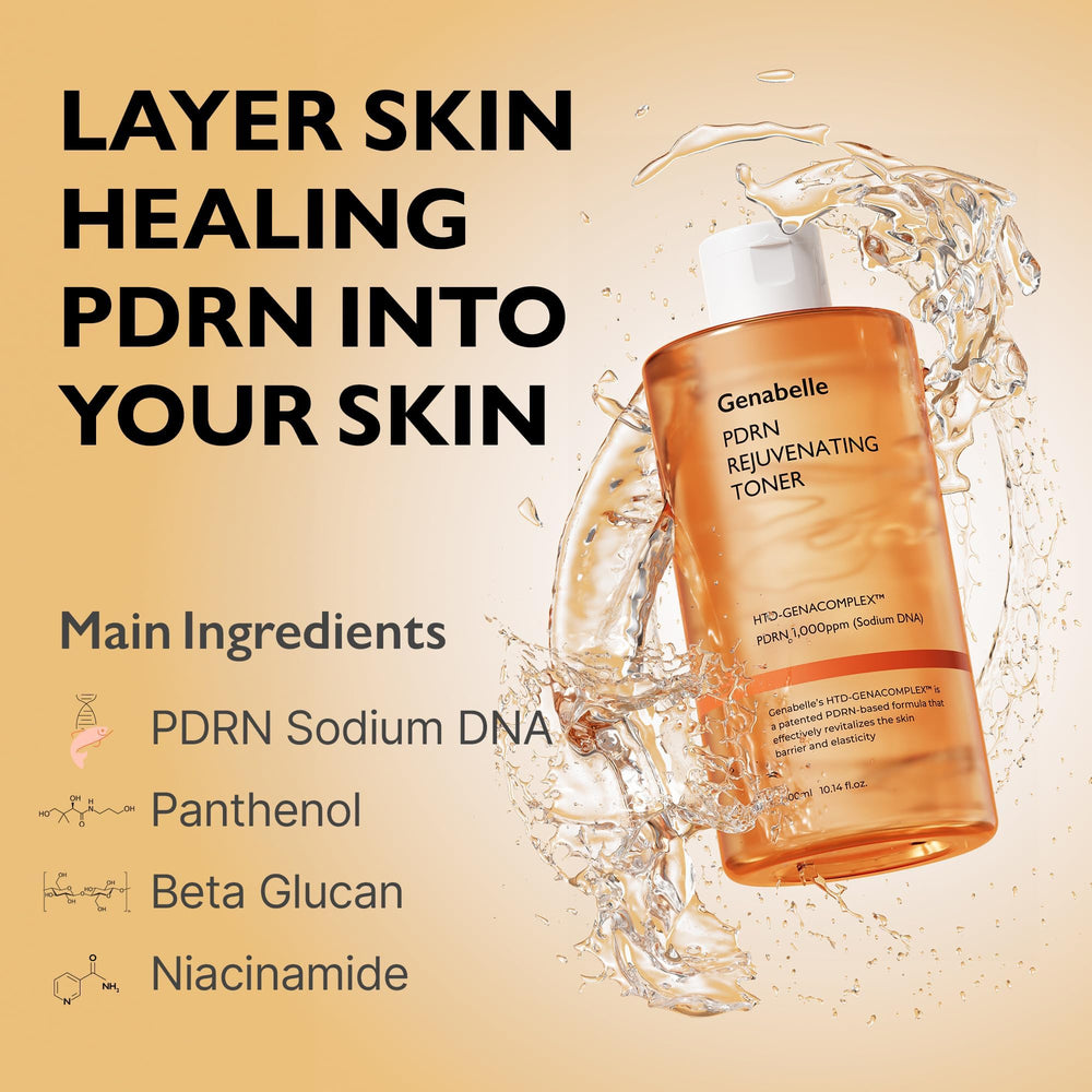 Genabelle PDRN Toner ingredient panel highlights panthenol for soothing hydration.