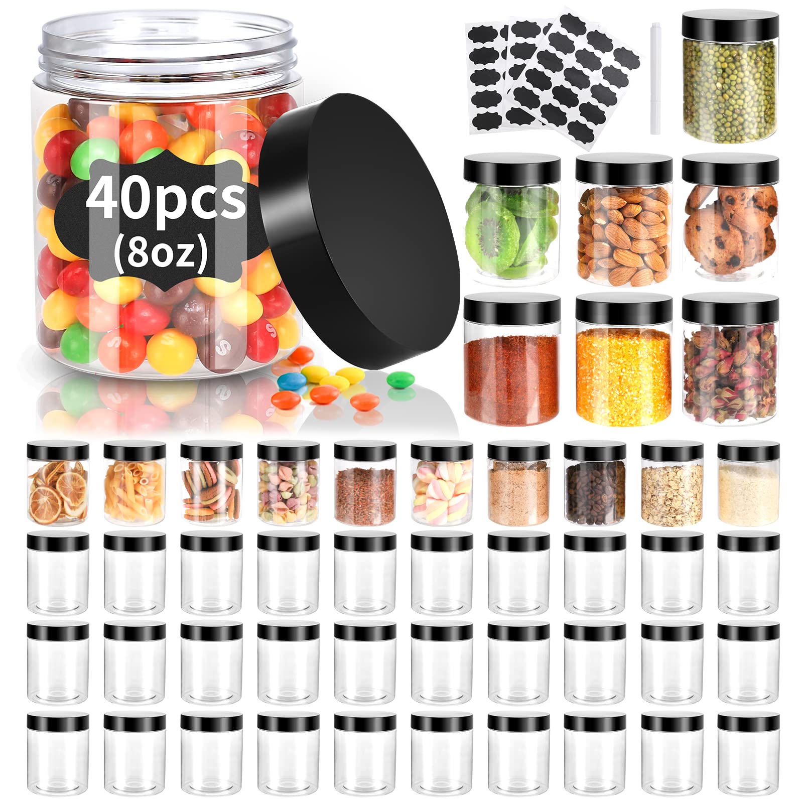 Gencywe 40-pack 8oz plastic jar wide-mouth for easy filling and organization.