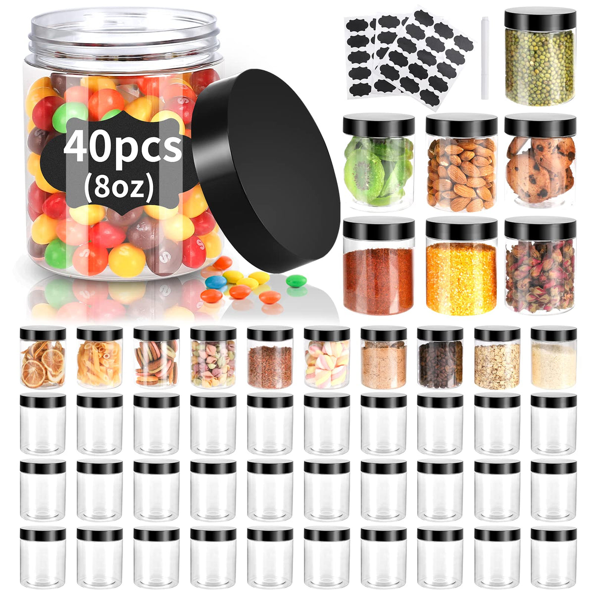 Gencywe 40-pack 8oz plastic jar wide-mouth for easy filling and organization.