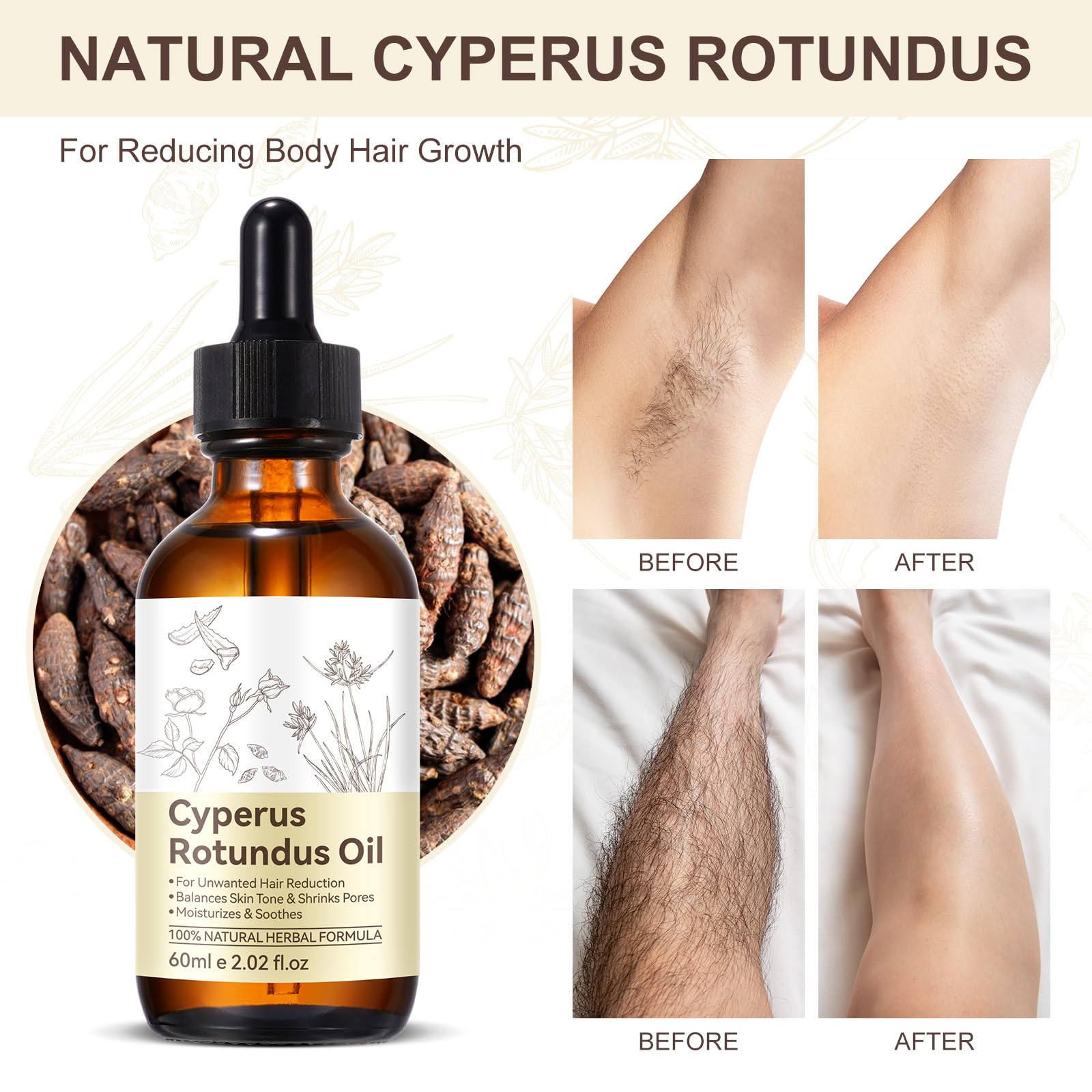 Generic Cyperus Rotundus Oil 60ml bottle closeup highlighting smoother skin benefit.