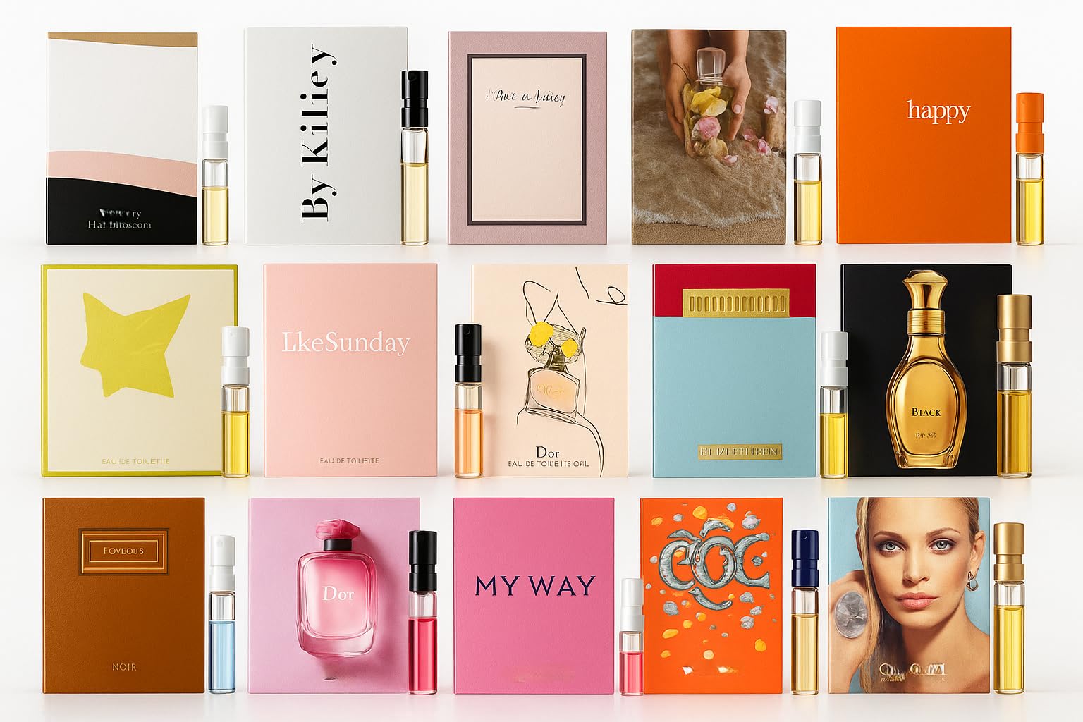 Generic designer fragrance sampler highlighting portable vials for quick sniff sessions.
