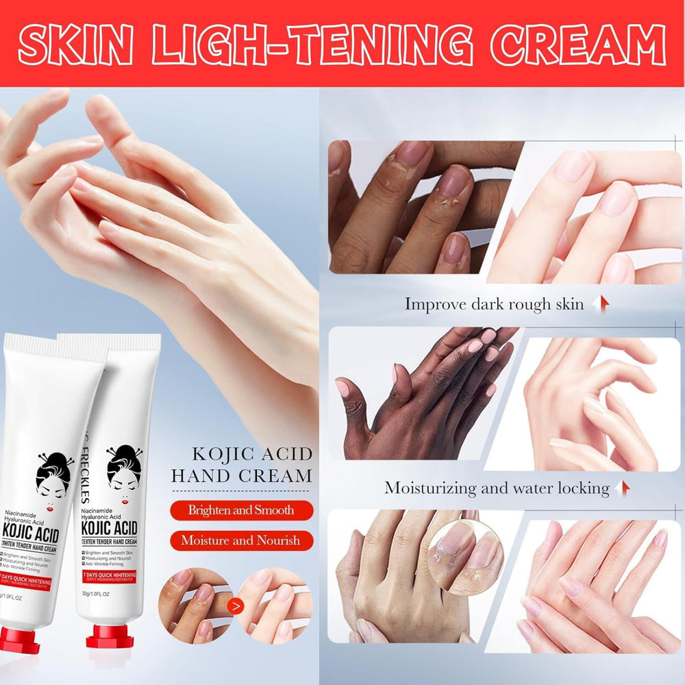 Generic Kojic Acid Cream skin-tone evening closeup implies even-looking complexion.