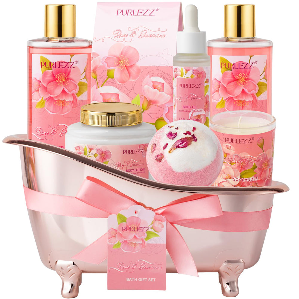Generic rose-jasmine luxury bath-basket closeup shows an elegant spa gift set for relaxation.