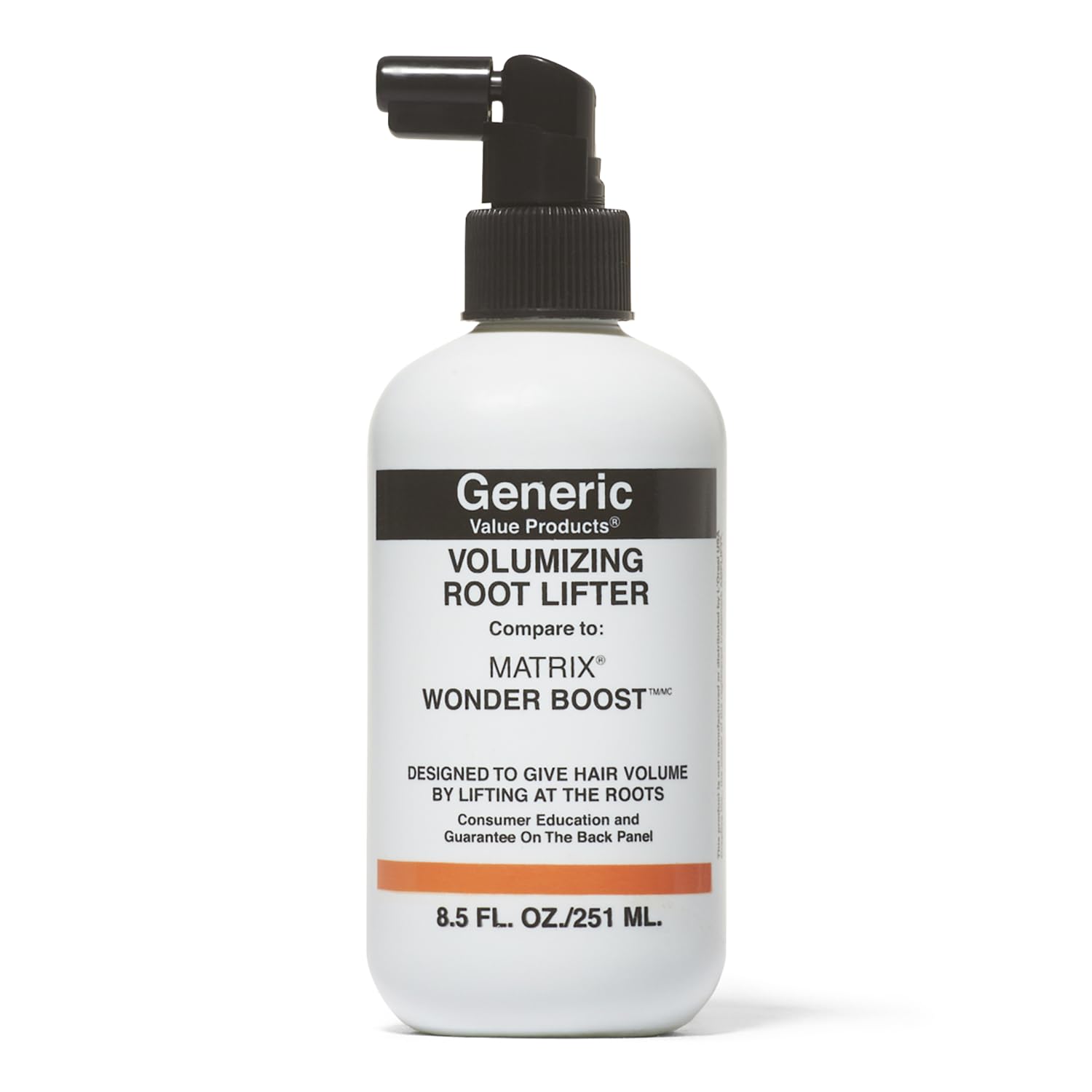 Generic Value Products volumizing root lifter bottle offering weightless, humidity-resistant body for all hair types.