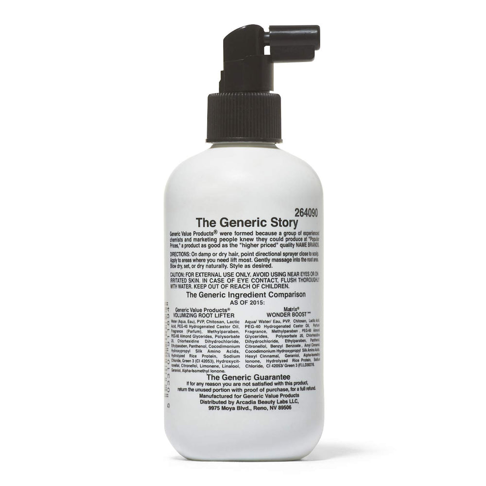 Generic Value Products volumizing root lifter packaging shows easy-to-use design for everyday styling routines.