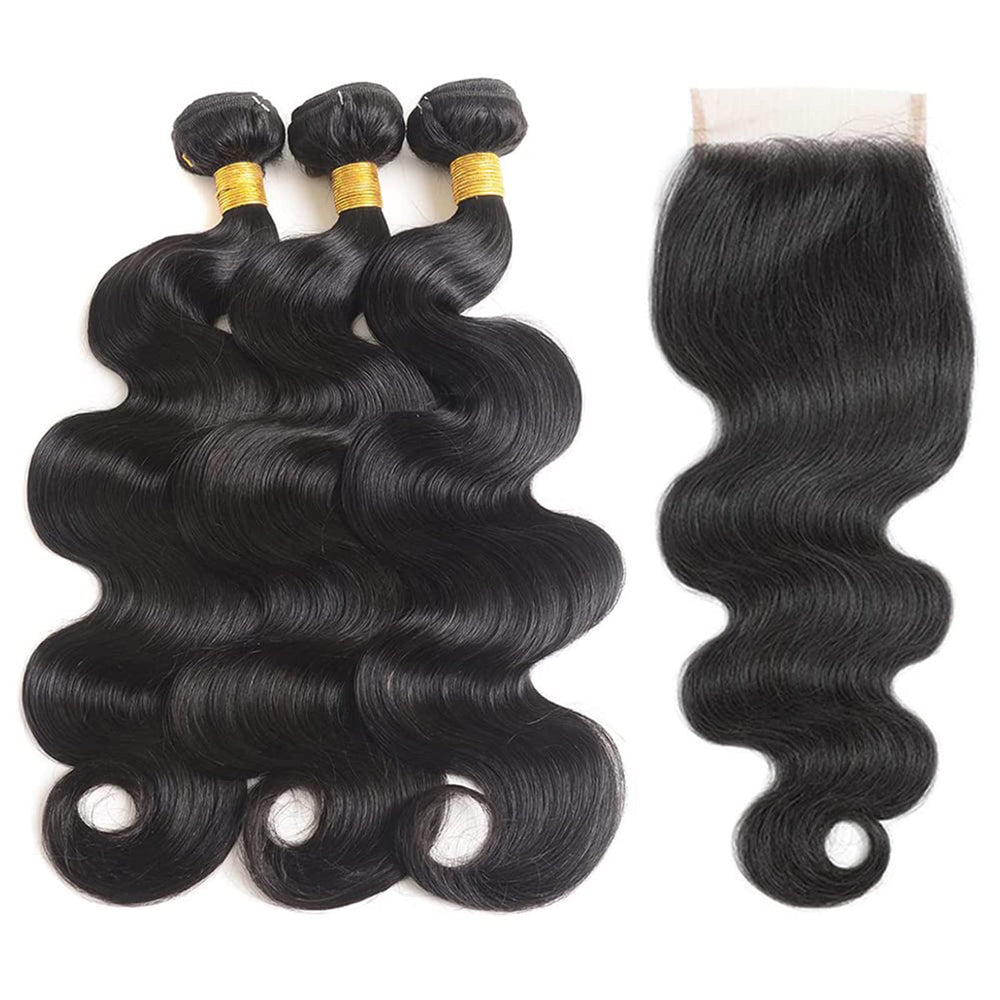 Generous bundles closure Brazilian body wave 14inch side view natural blend.