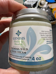 Genesis Wild Yam Root Cream packaging highlights organic plant-based ingredients.