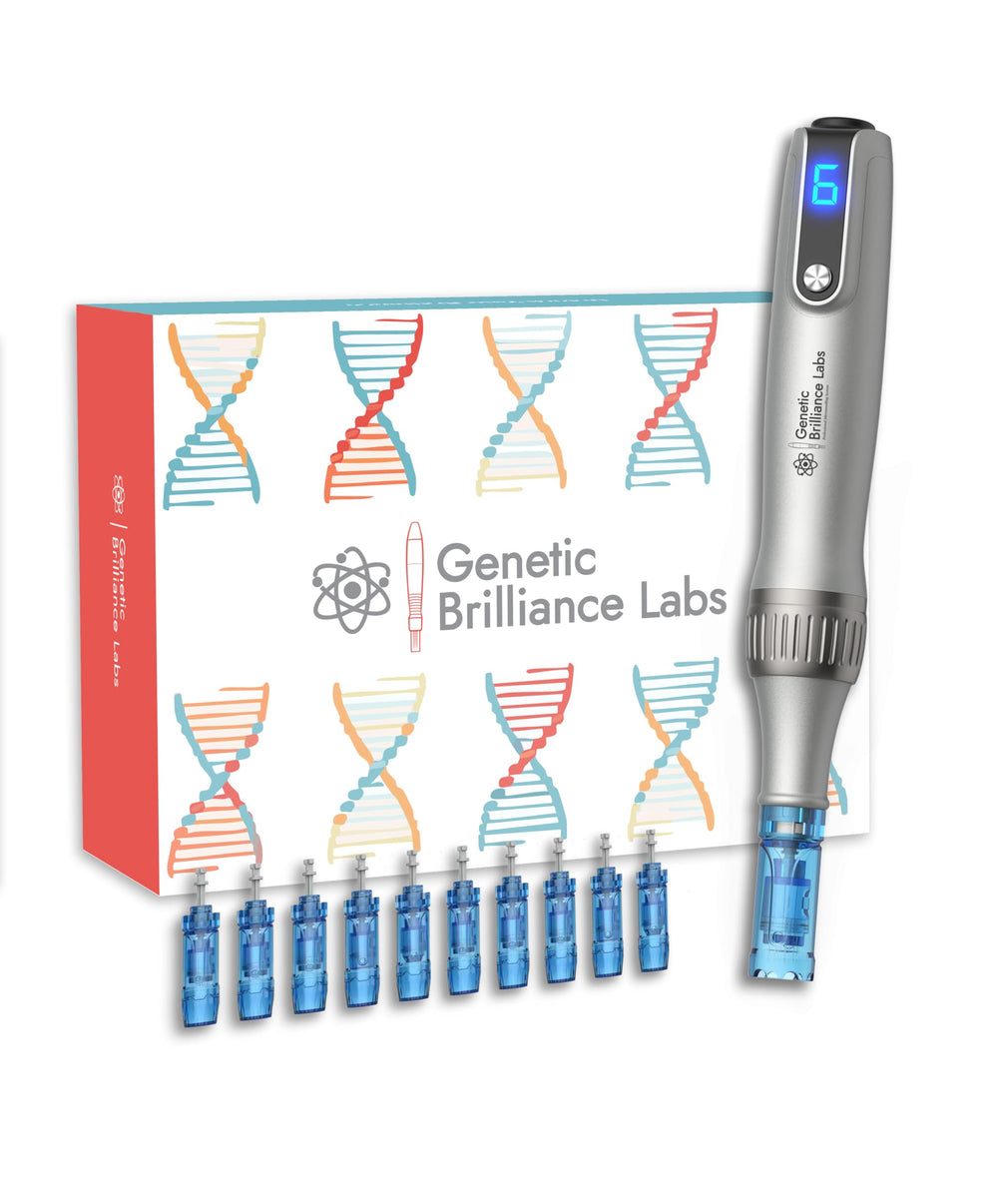 Genetic Brilliance Labs wireless cosmetic pen with 0.25mm cartridges for precise facial treatment.