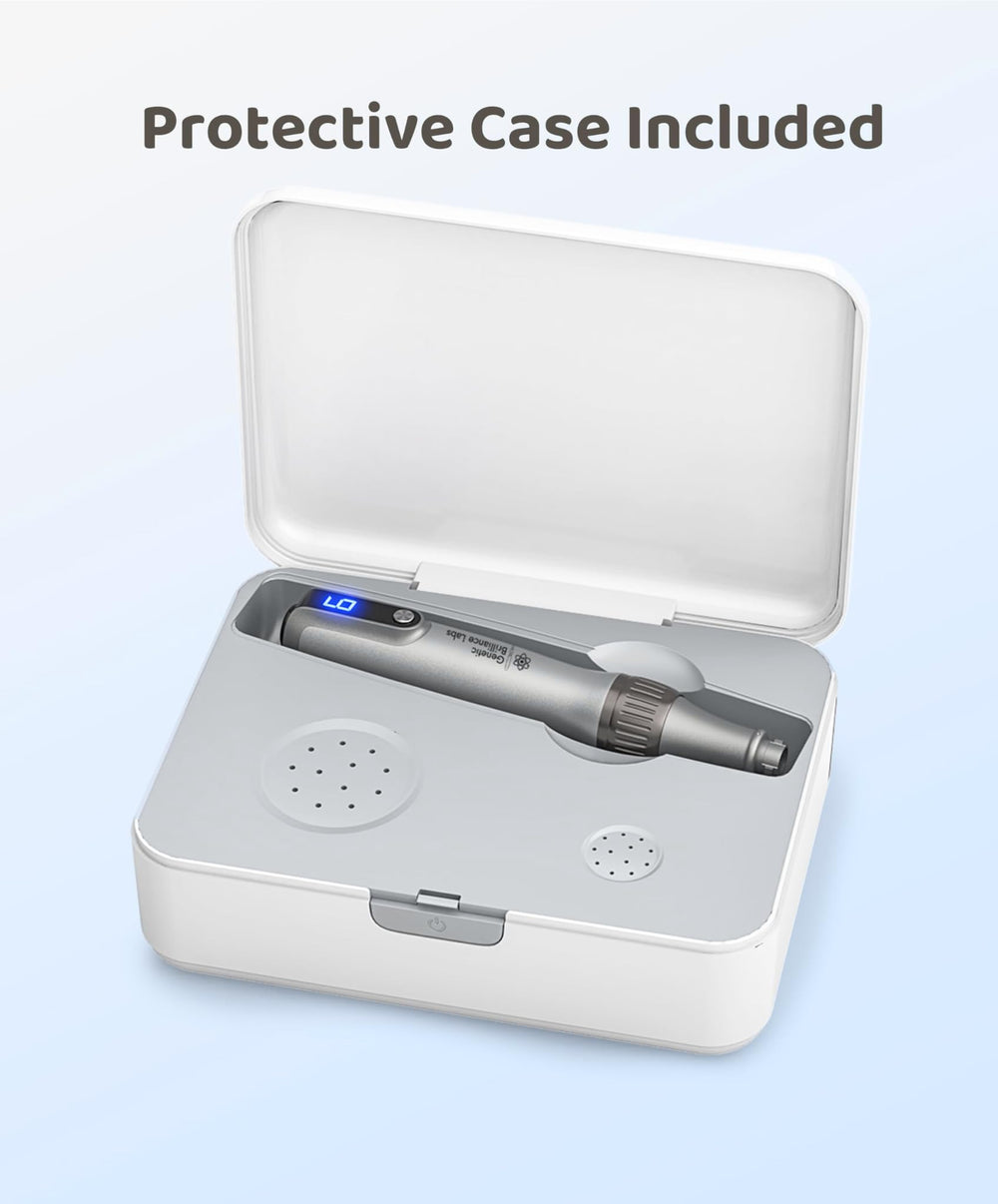 Genetic Brilliance Labs wireless cosmetic pen being cleaned with alcohol for hygienic sessions.