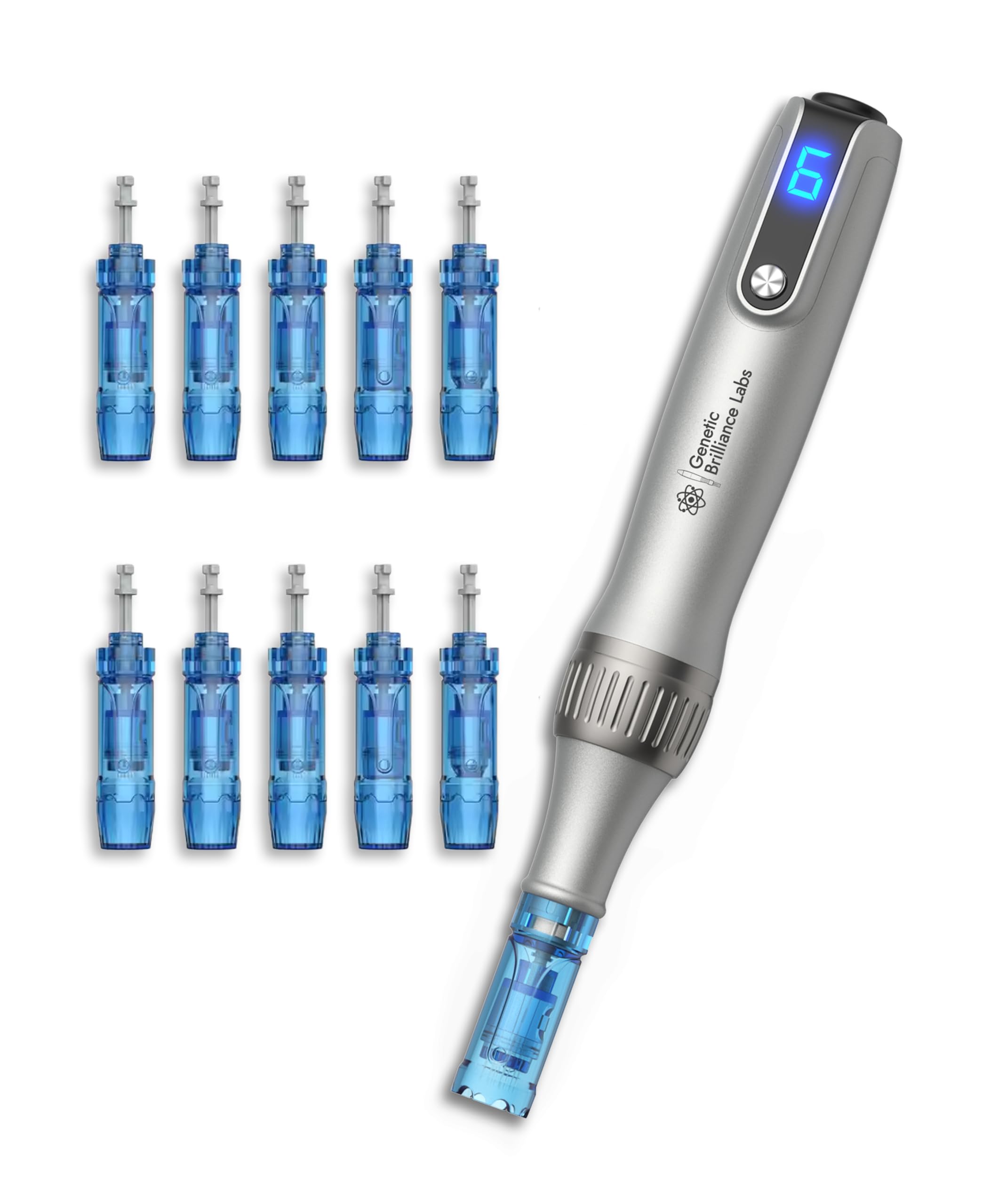 Genetic Brilliance Labs wireless cosmetic pen on face—promotes smoother-looking skin.