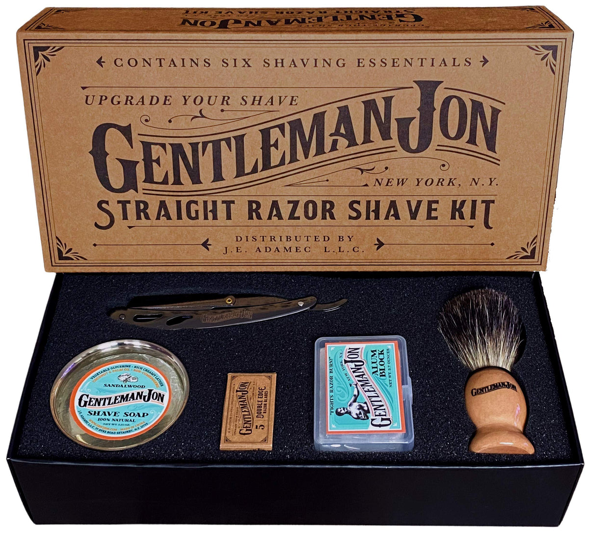 Gentleman Jon straight razor kit laid out for travel friendly traditional shave