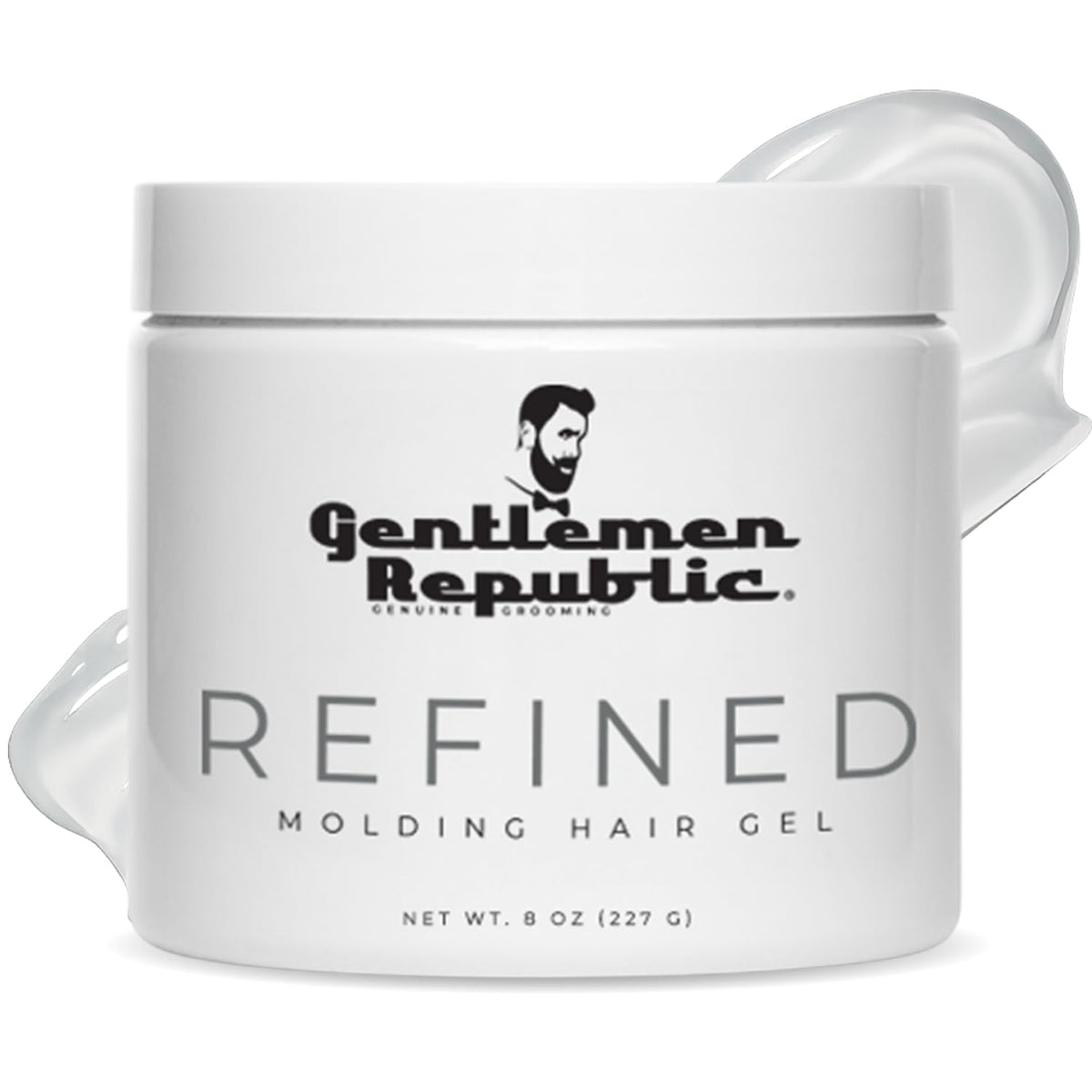 Gentlemen Republic refined hair gel bottle front with lasting shine and professional hold.