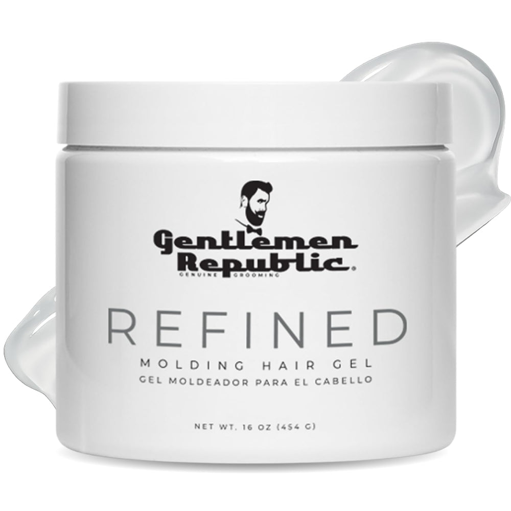 Gentlemen Republic Refined Hair Gel bottle front shows premium hold for polished hairstyles.