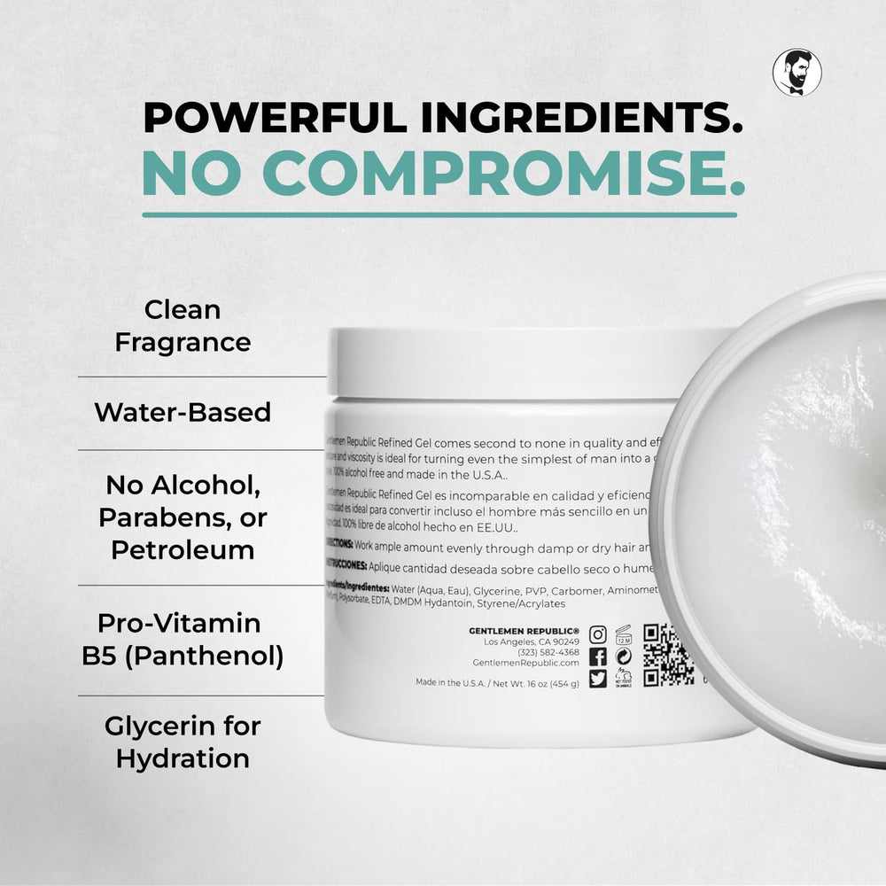 Gentlemen Republic Refined Hair Gel USA-made label emphasizes premium quality.