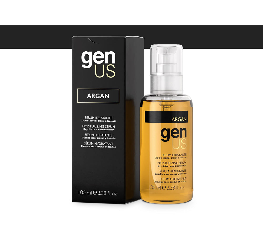 Genus Argan Moisturizing Serum bottle with pump delivering hydration for dry, frizzy hair.