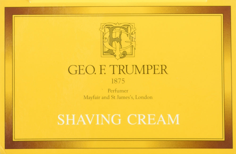 Geo F. Trumper sandalwood cream application showcases luxurious lather preparation.