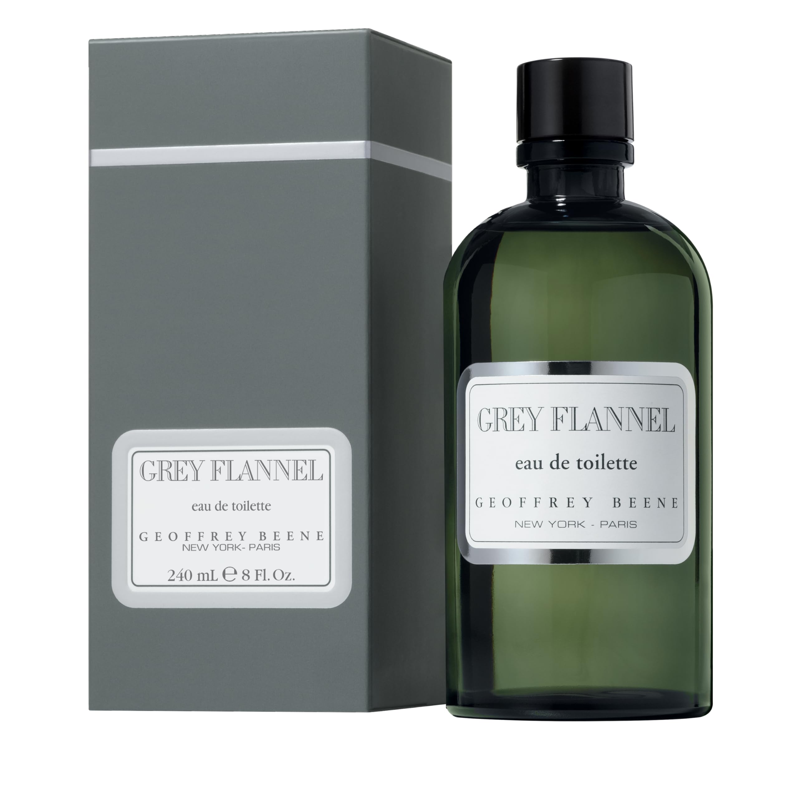 Geoffrey Beene Grey Flannel bottle front, classic masculine scent for evenings.