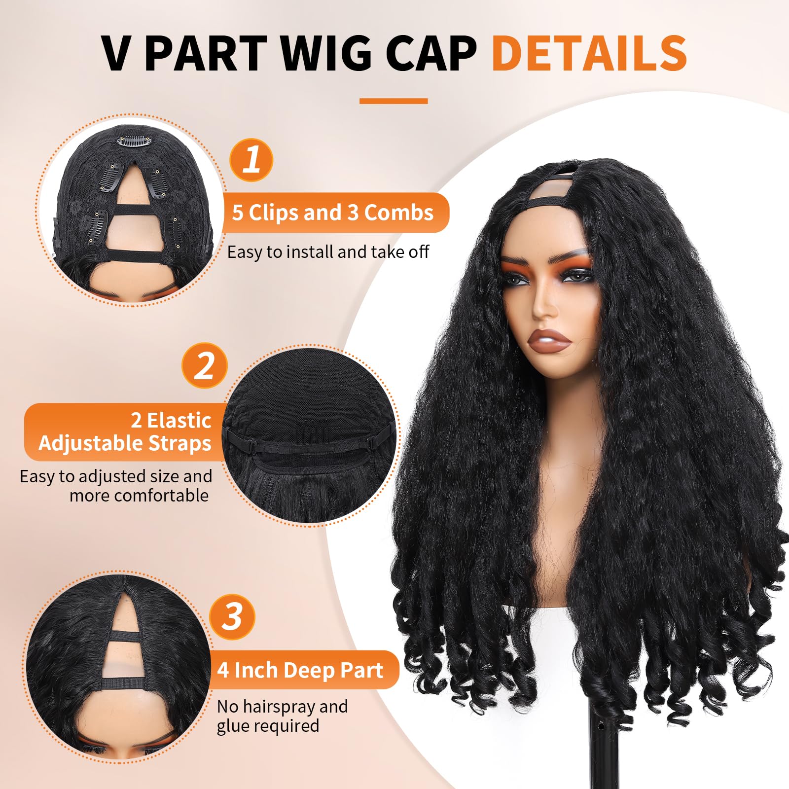 Geogroket Afro Curly V Part Wig styling options for heat styling up to 320°F.