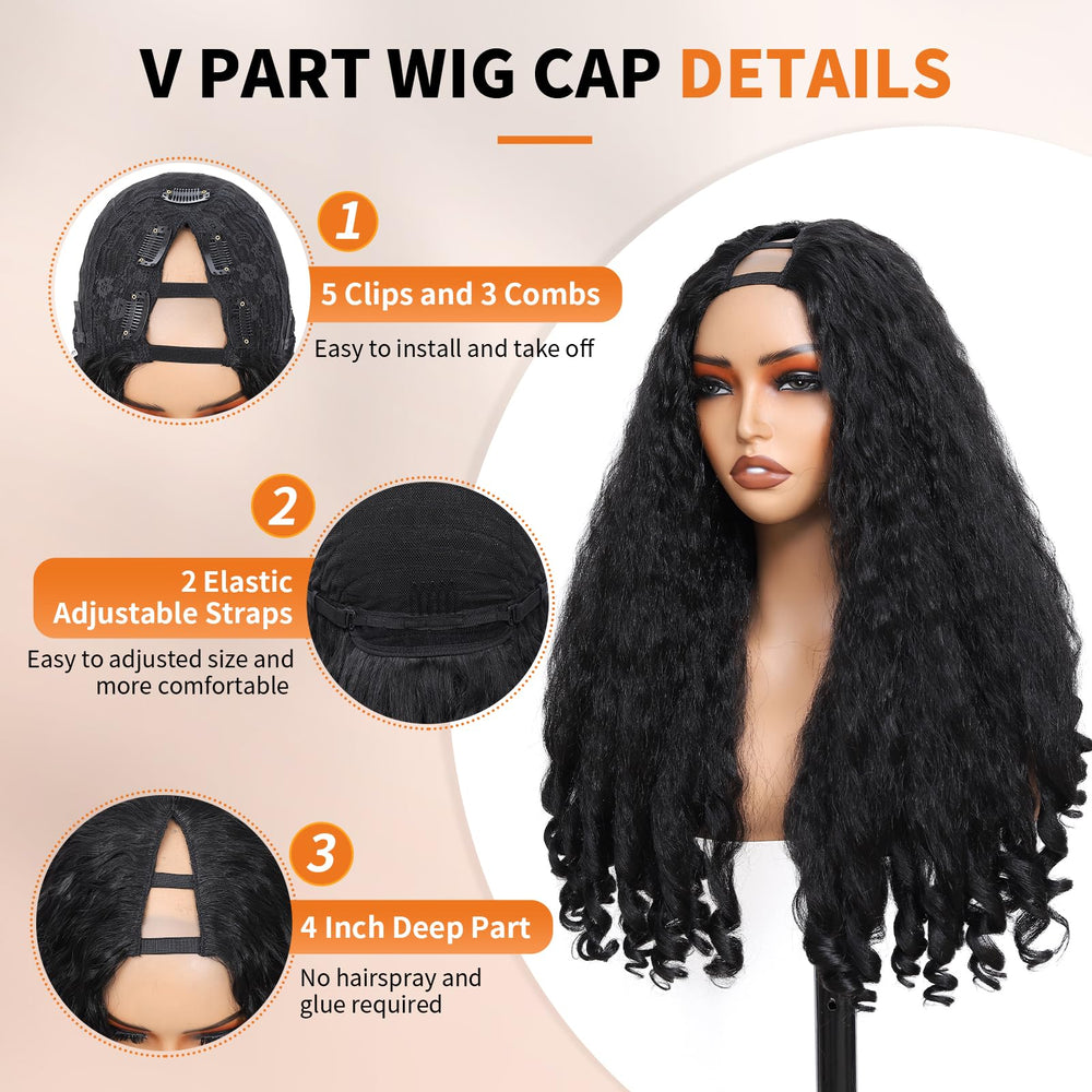 Geogroket Afro Curly V Part Wig styling options for heat styling up to 320°F.