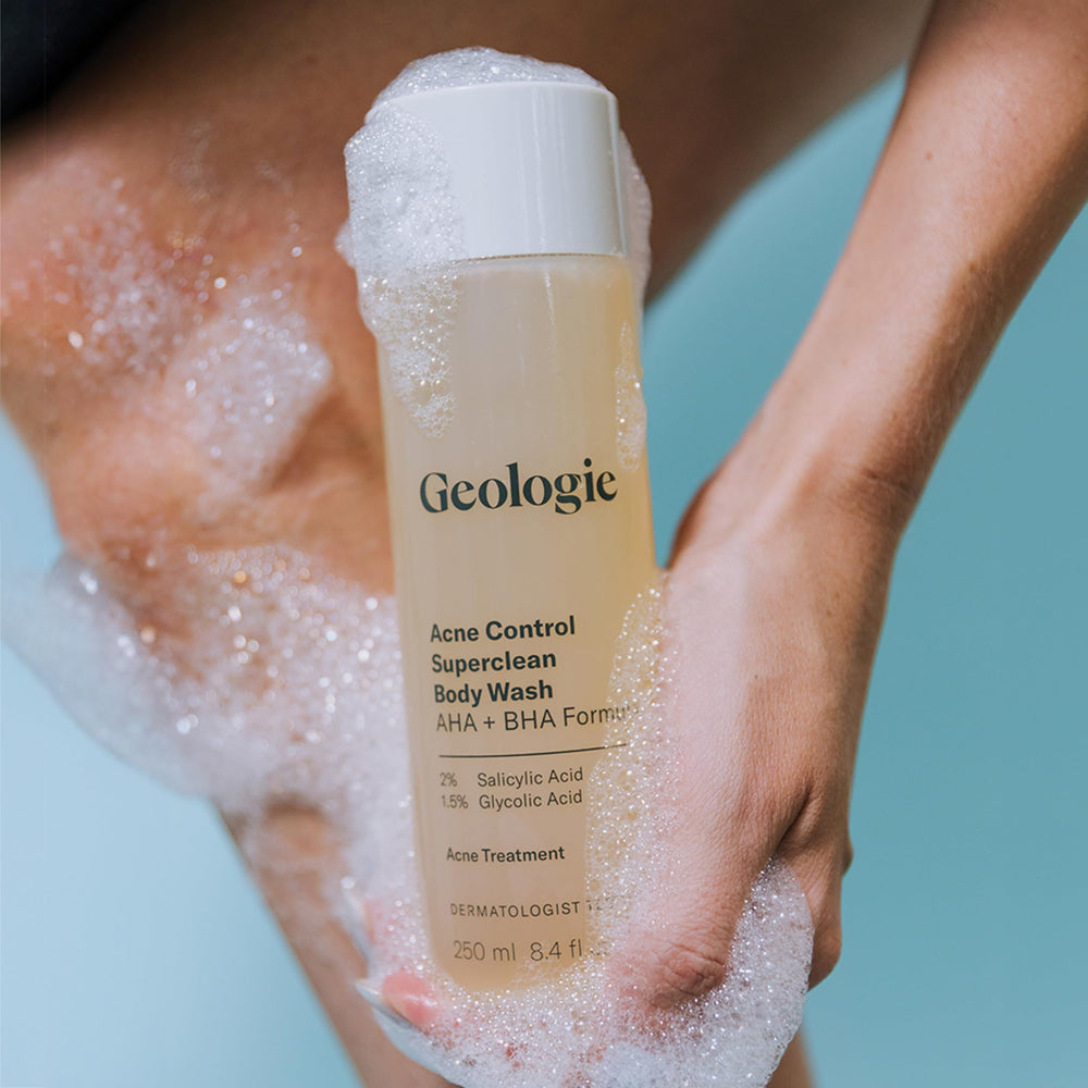 Geologie Acne Control Body Wash label and bottle design highlighting unscented formula.