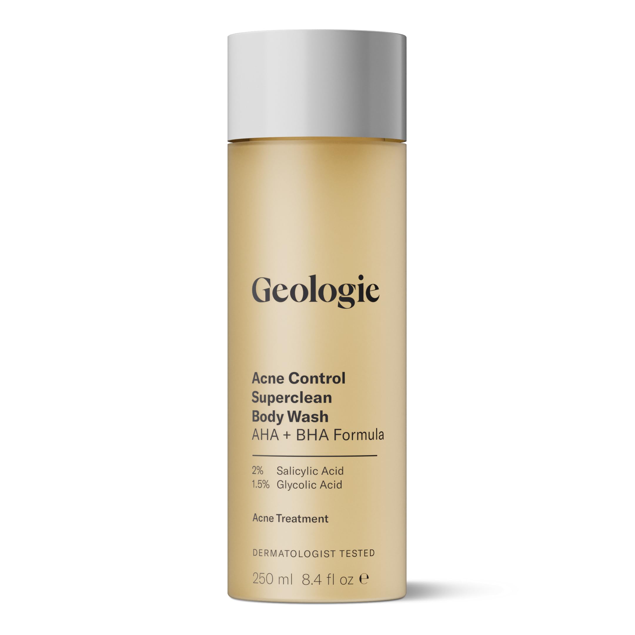 Geologie Acne Control Body Wash bottle front with fragrance-free formula for clear back and chest skin.