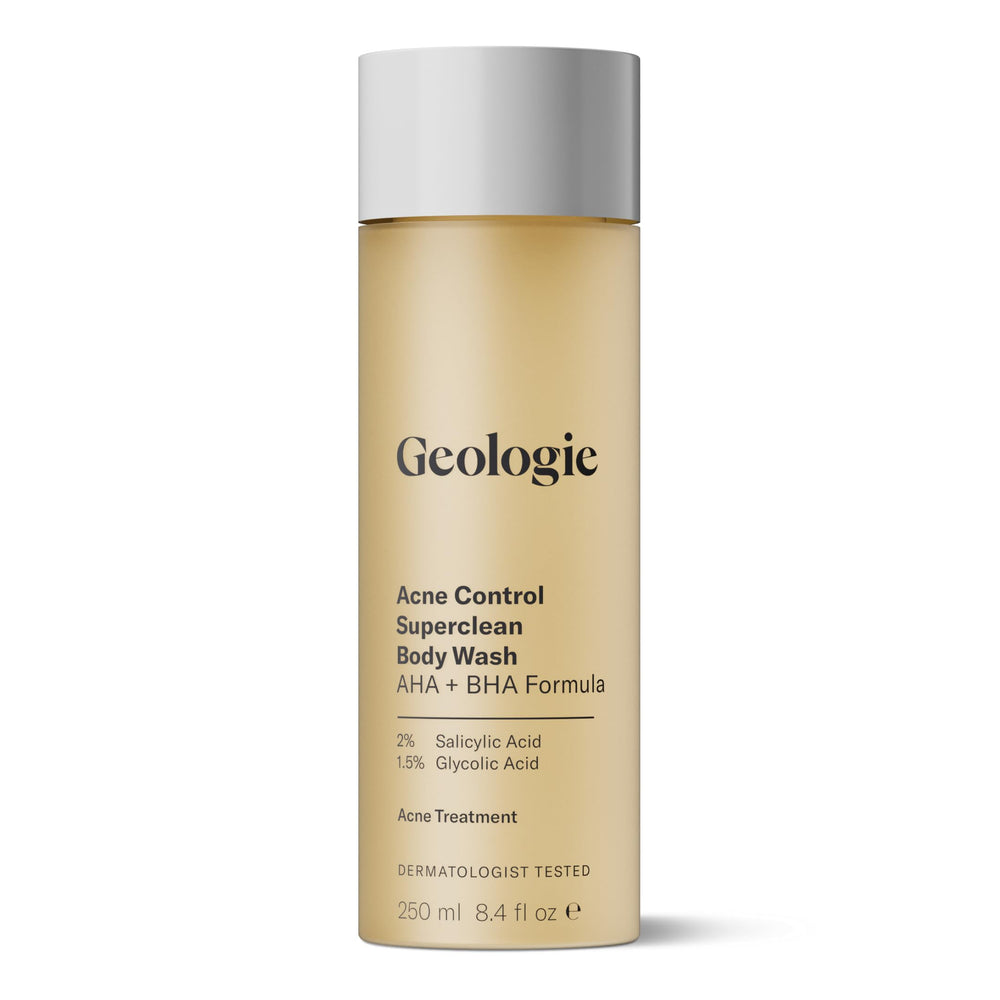 Geologie Acne Control Body Wash bottle front with fragrance-free formula for clear back and chest skin.