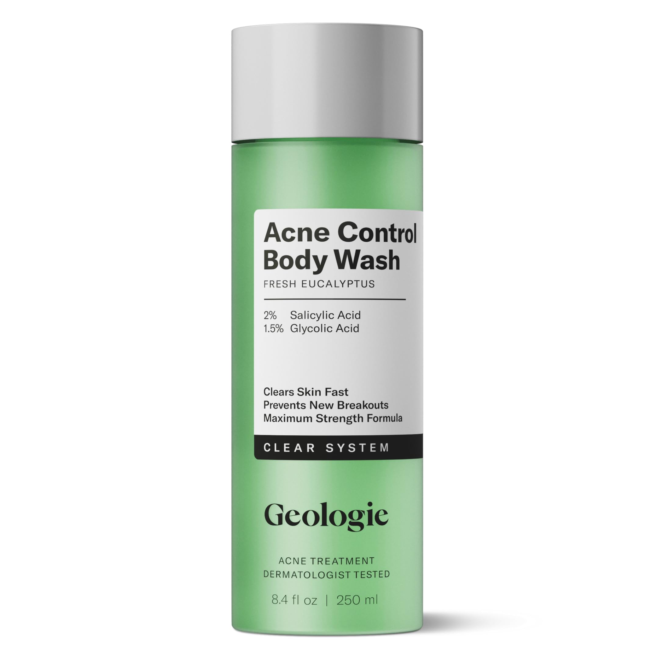 Geologie Acne Control Body Wash bottle with pump for easy, mess-free lather.