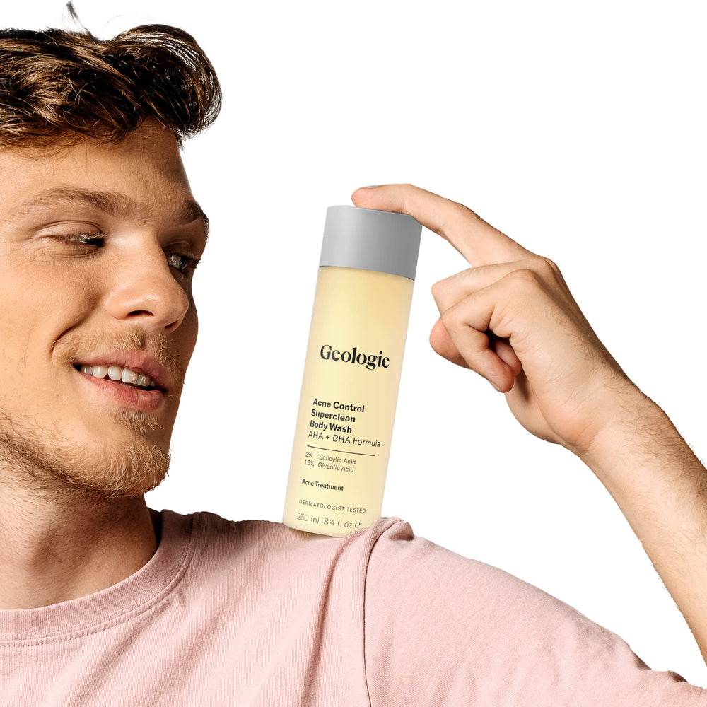 Geologie Acne Control Body Wash on a shelf highlighting clean ingredients and design.