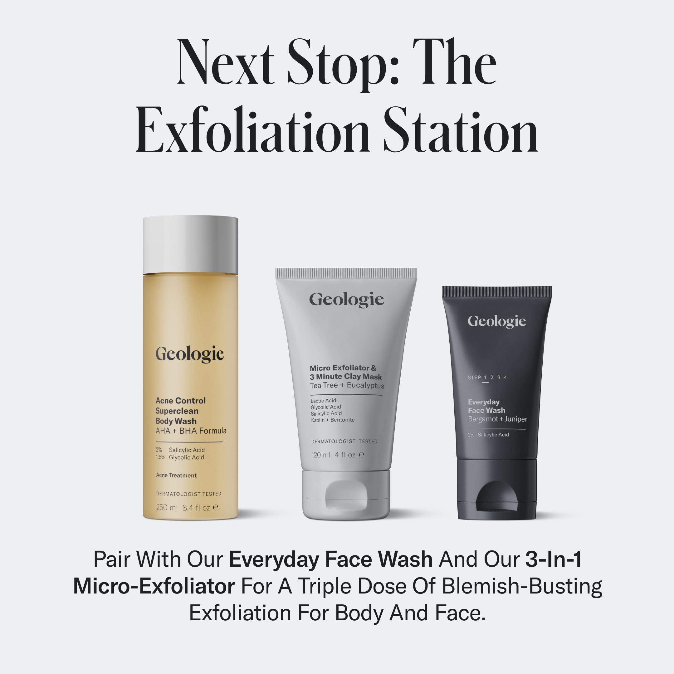 Geologie Acne Control Body Wash in a shower setting illustrating cleansing routine.