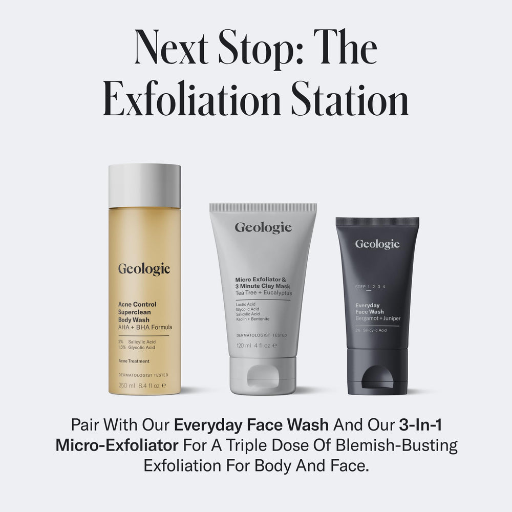 Geologie Acne Control Body Wash in a shower setting illustrating cleansing routine.