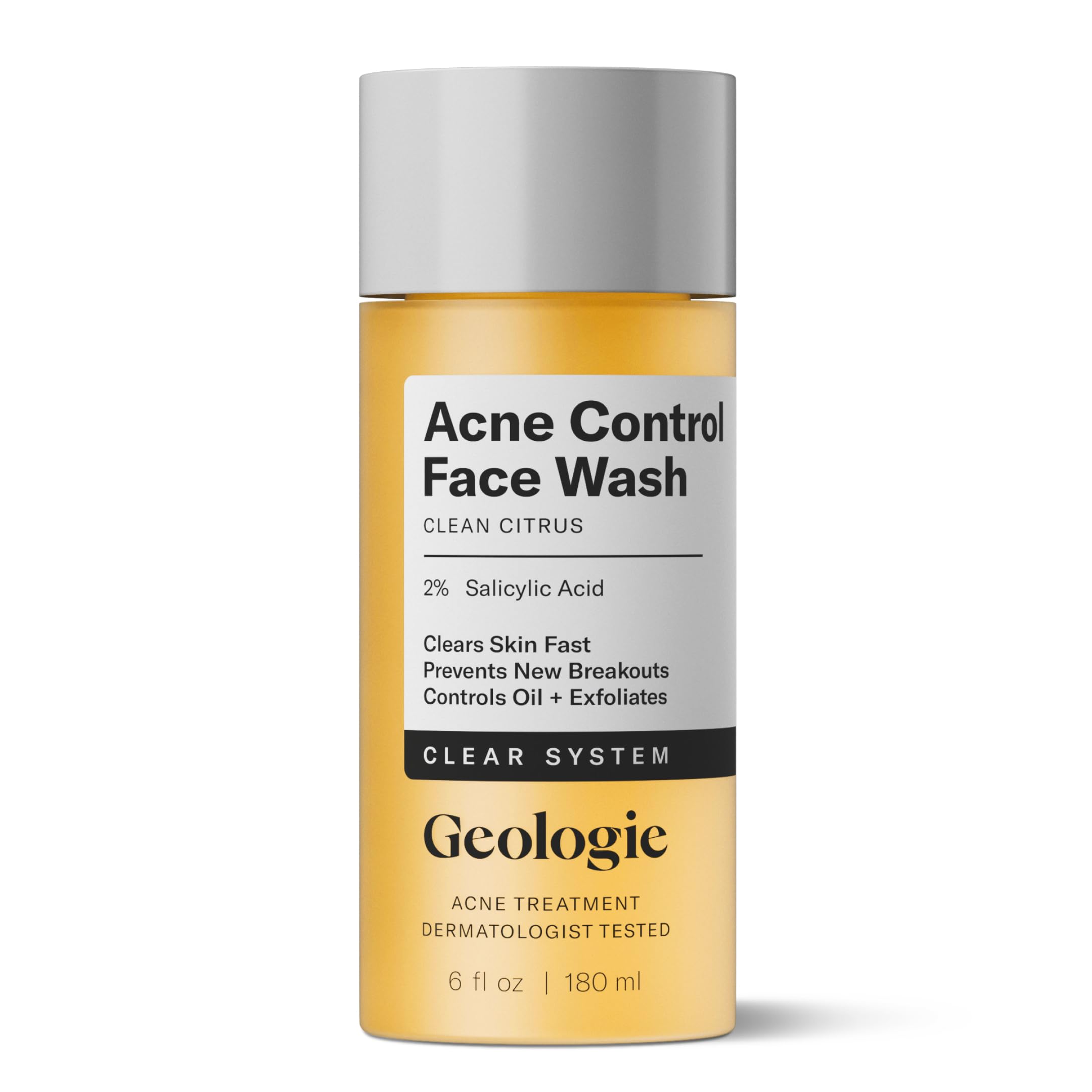 Geologie Acne Control Face Wash bottle top view with easy daily cleansing pump.