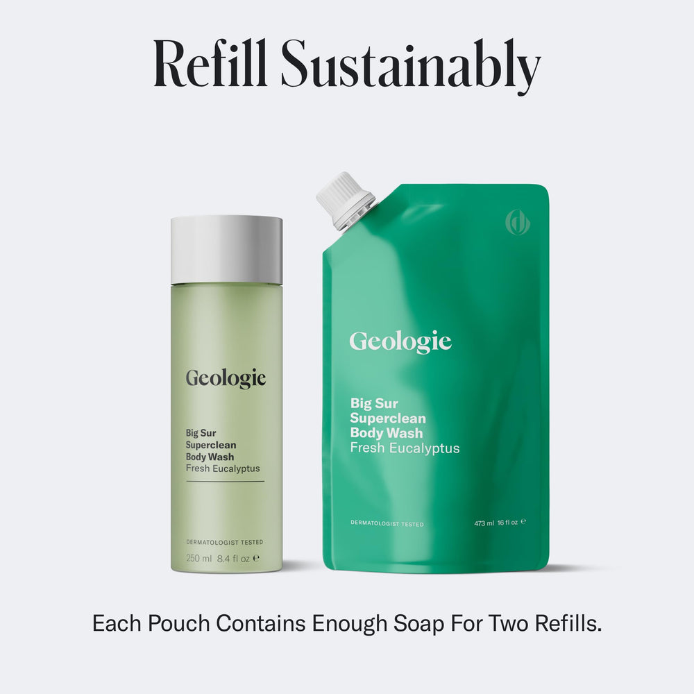 Geologie Big Sur refill-packaging reduces plastic waste and supports sustainable routines.