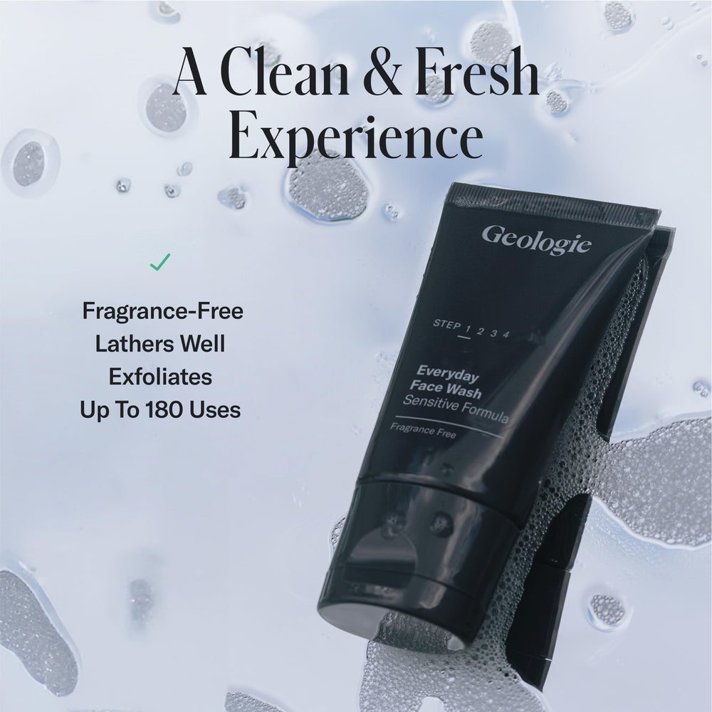 Geologie in a bathroom/shower setting, suggesting daily cleansing routine.