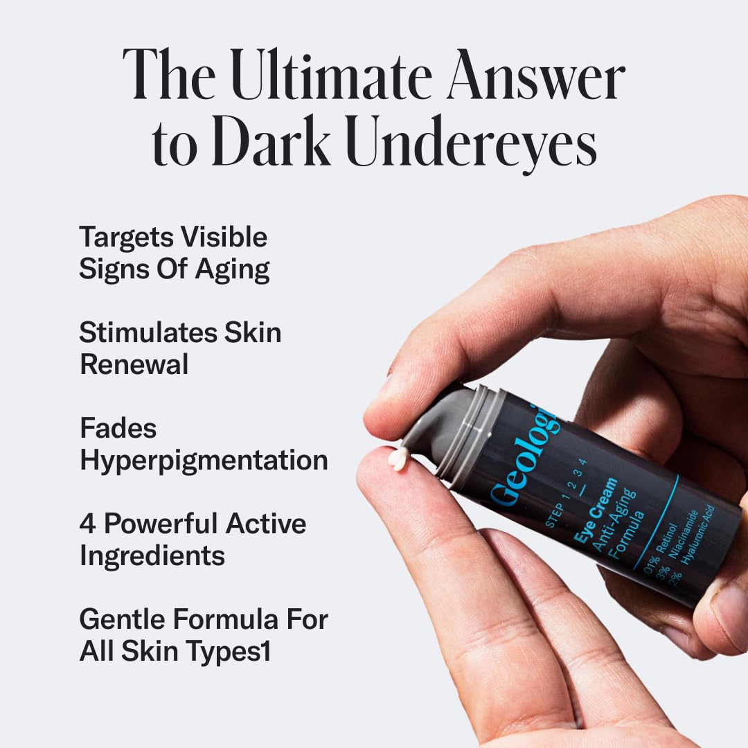 Geologie dark circle eye cream tube highlighting brightening and puffiness reduction.