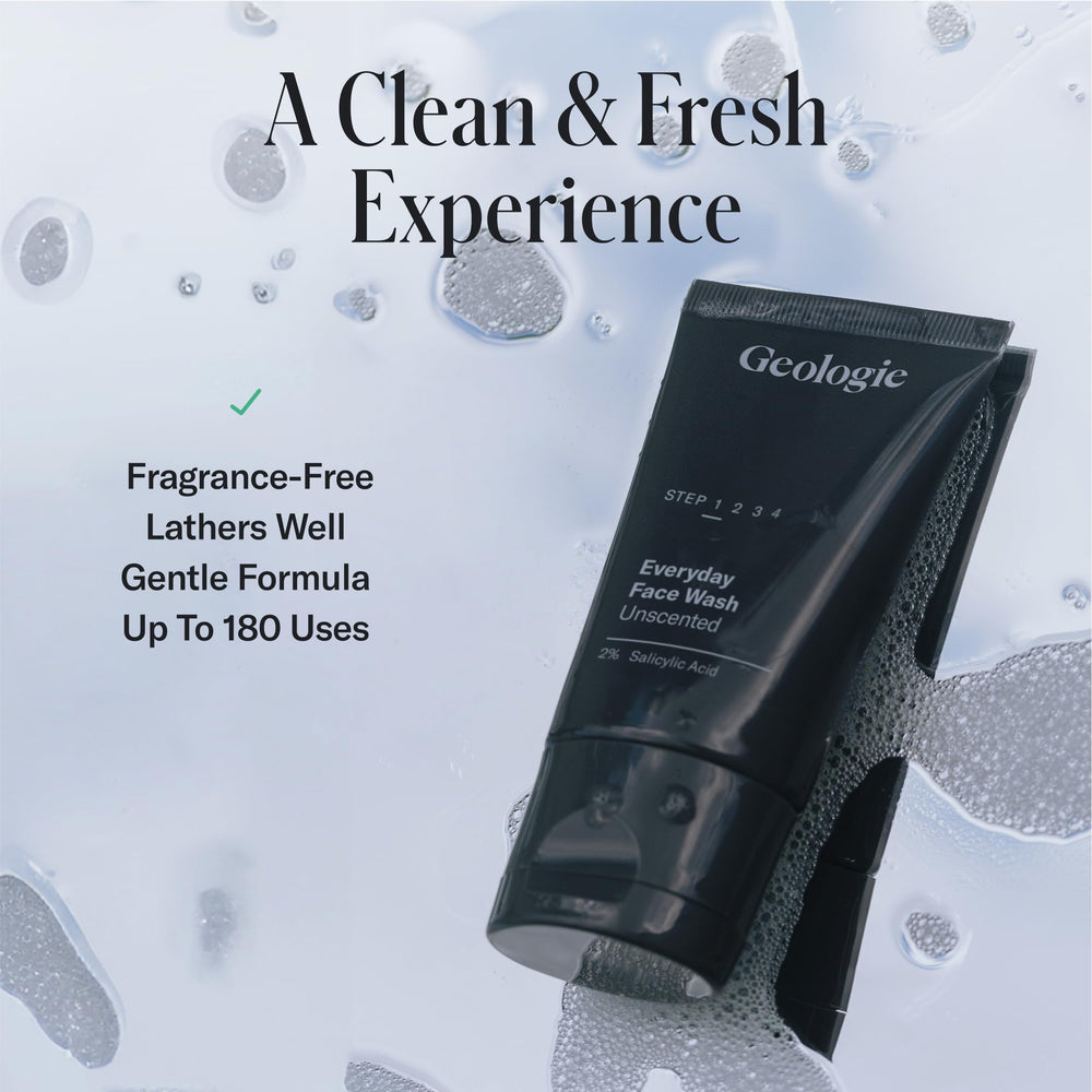Geologie face wash in shower bottle shows convenient daily use