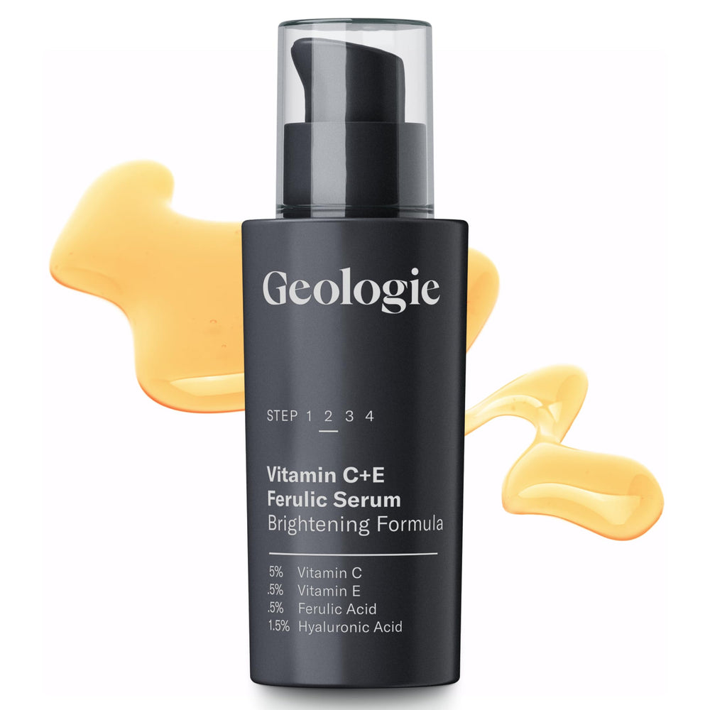 Geologie Vitamin C+E Ferulic Serum bottle highlights stabilized vitamin C for brightening skin.