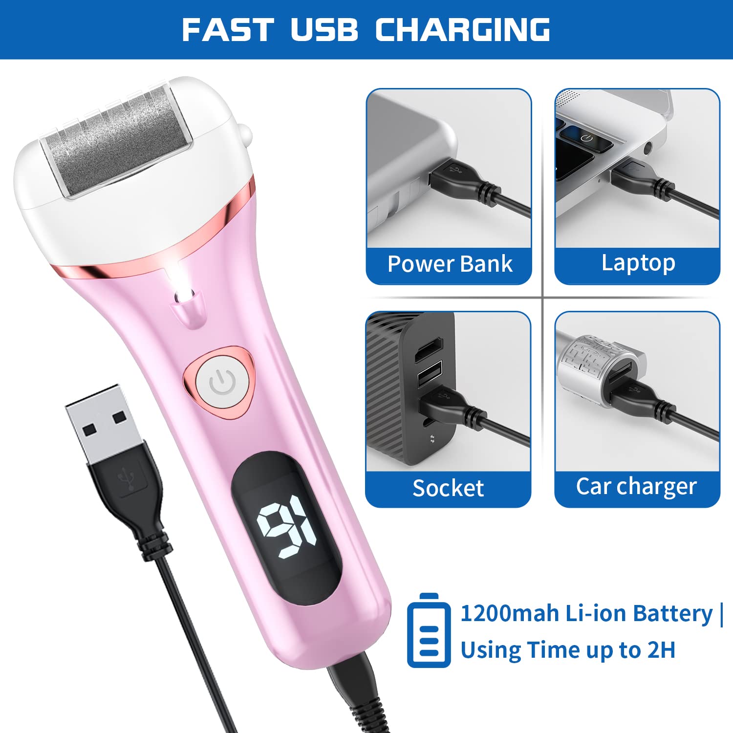 Geopu electric foot callus remover LCD display shows power status for informed grooming.